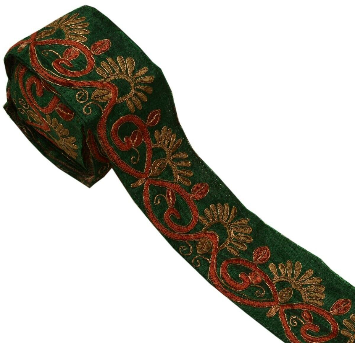 Vintage Sari Border Indian Craft Trim Embroidered Green Sewing Ribbon Lace