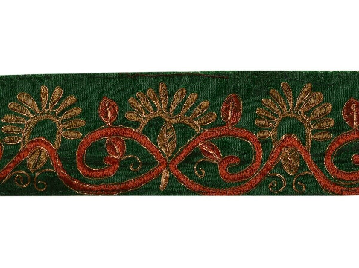 Vintage Sari Border Indian Craft Trim Embroidered Green Sewing Ribbon Lace