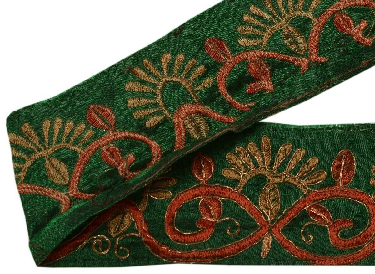 Vintage Sari Border Indian Craft Trim Embroidered Green Sewing Ribbon Lace