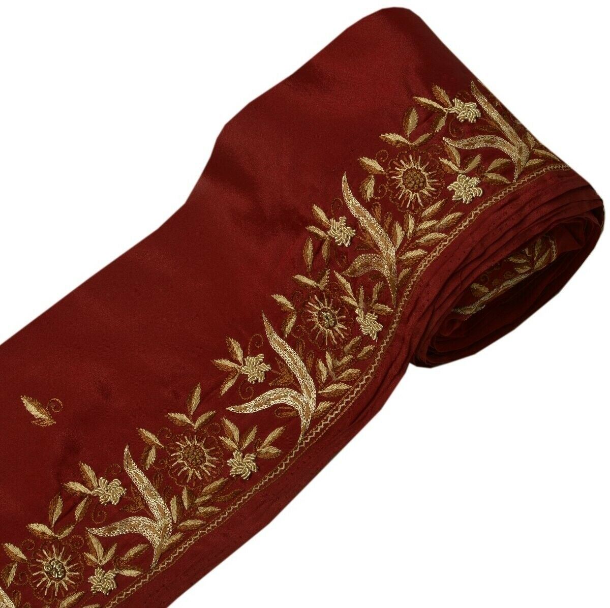 Vintage Sari Border Indian Craft Trim Hand Beaded Embroidered Maroon Ribbon Lace