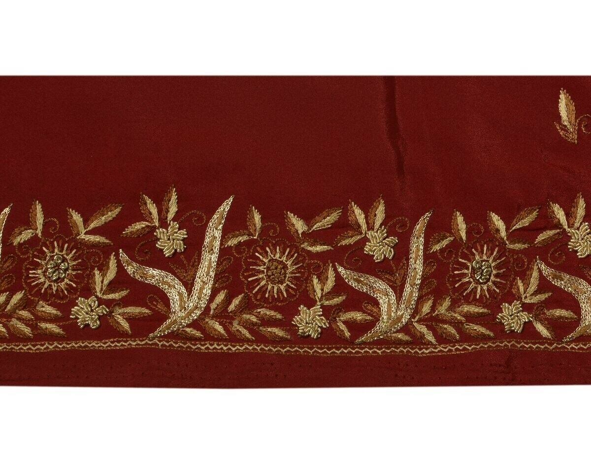 Vintage Sari Border Indian Craft Trim Hand Beaded Embroidered Maroon Ribbon Lace