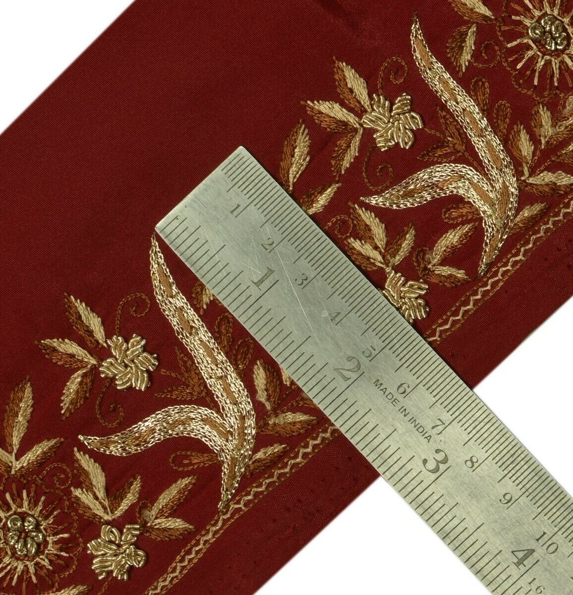 Vintage Sari Border Indian Craft Trim Hand Beaded Embroidered Maroon Ribbon Lace