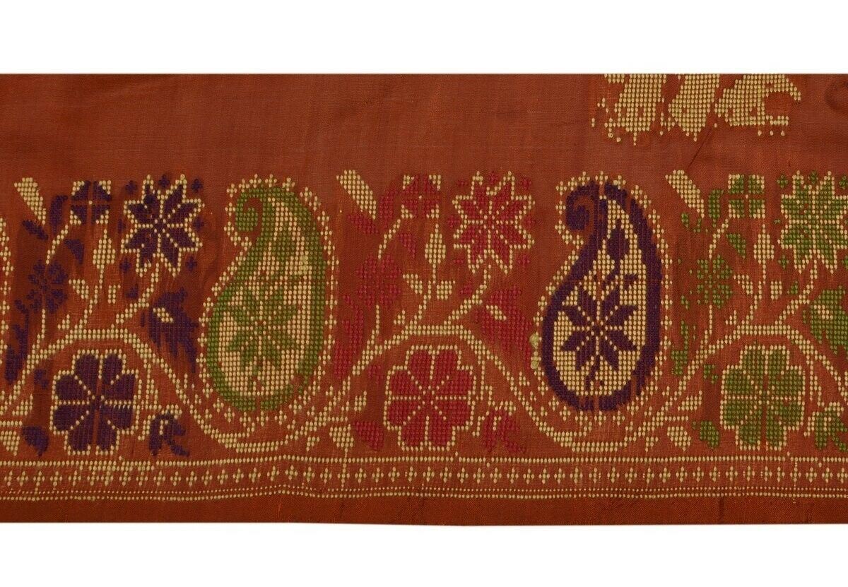 Vintage Sari Border Indian Craft Trim Woven Paisley Pure Silk Rust Ribbon Lace