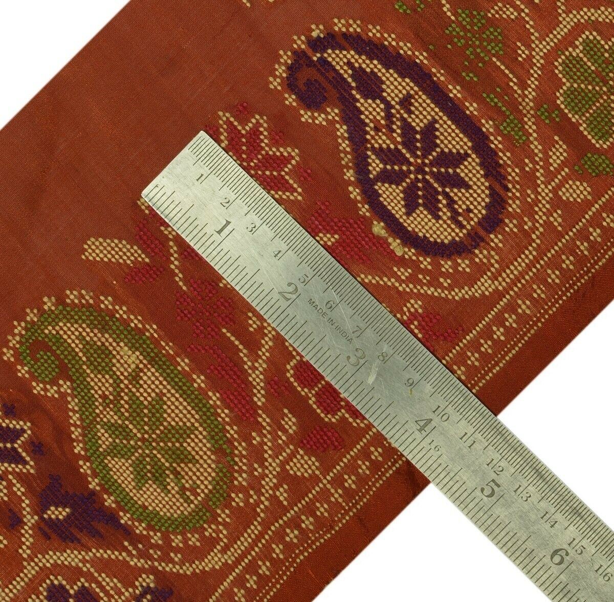 Vintage Sari Border Indian Craft Trim Woven Paisley Pure Silk Rust Ribbon Lace