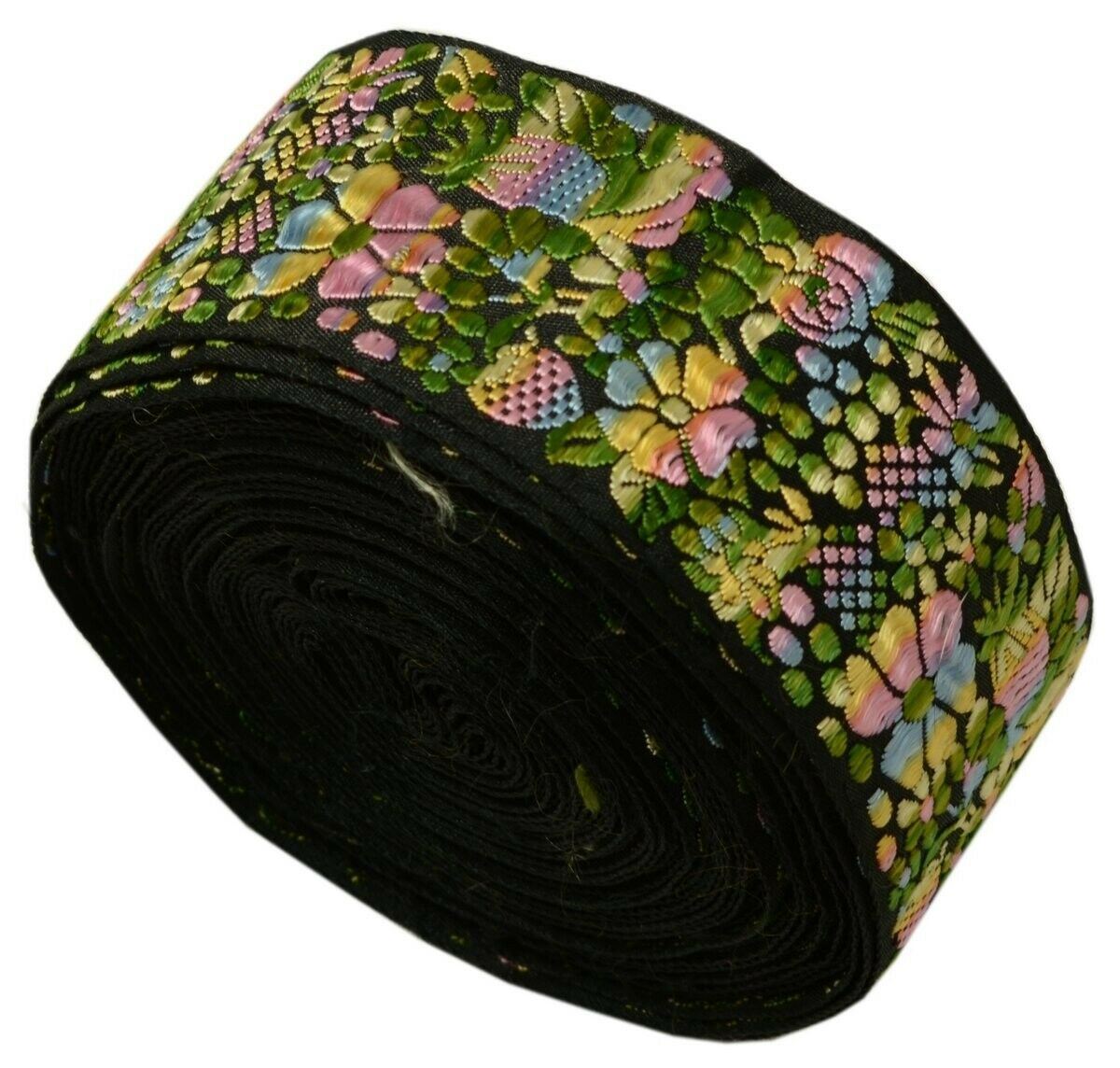 Vintage Saree Border Indian Craft Trim Woven Floral Black Ribbon Lace