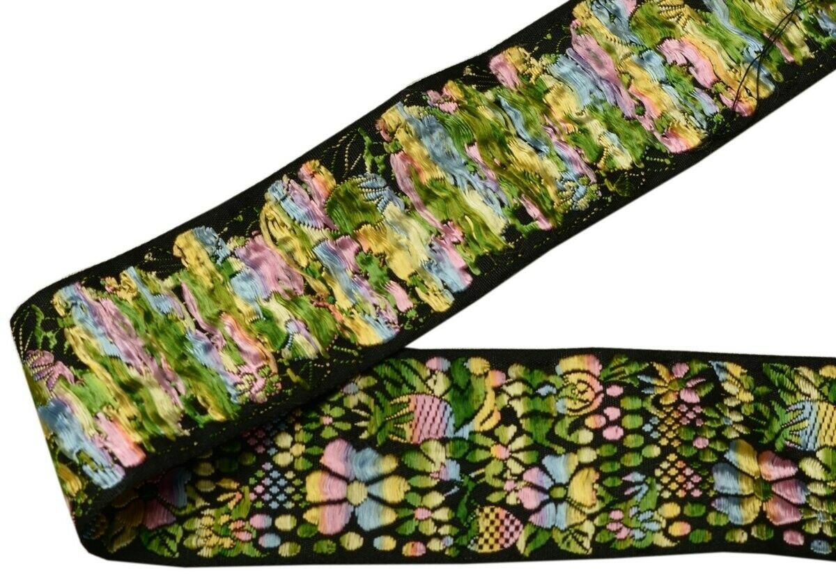 Vintage Saree Border Indian Craft Trim Woven Floral Black Ribbon Lace