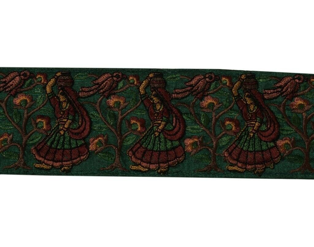 Vintage Sari Border Indian Craft Trim Embroidered Women Tree Bird Lace Green