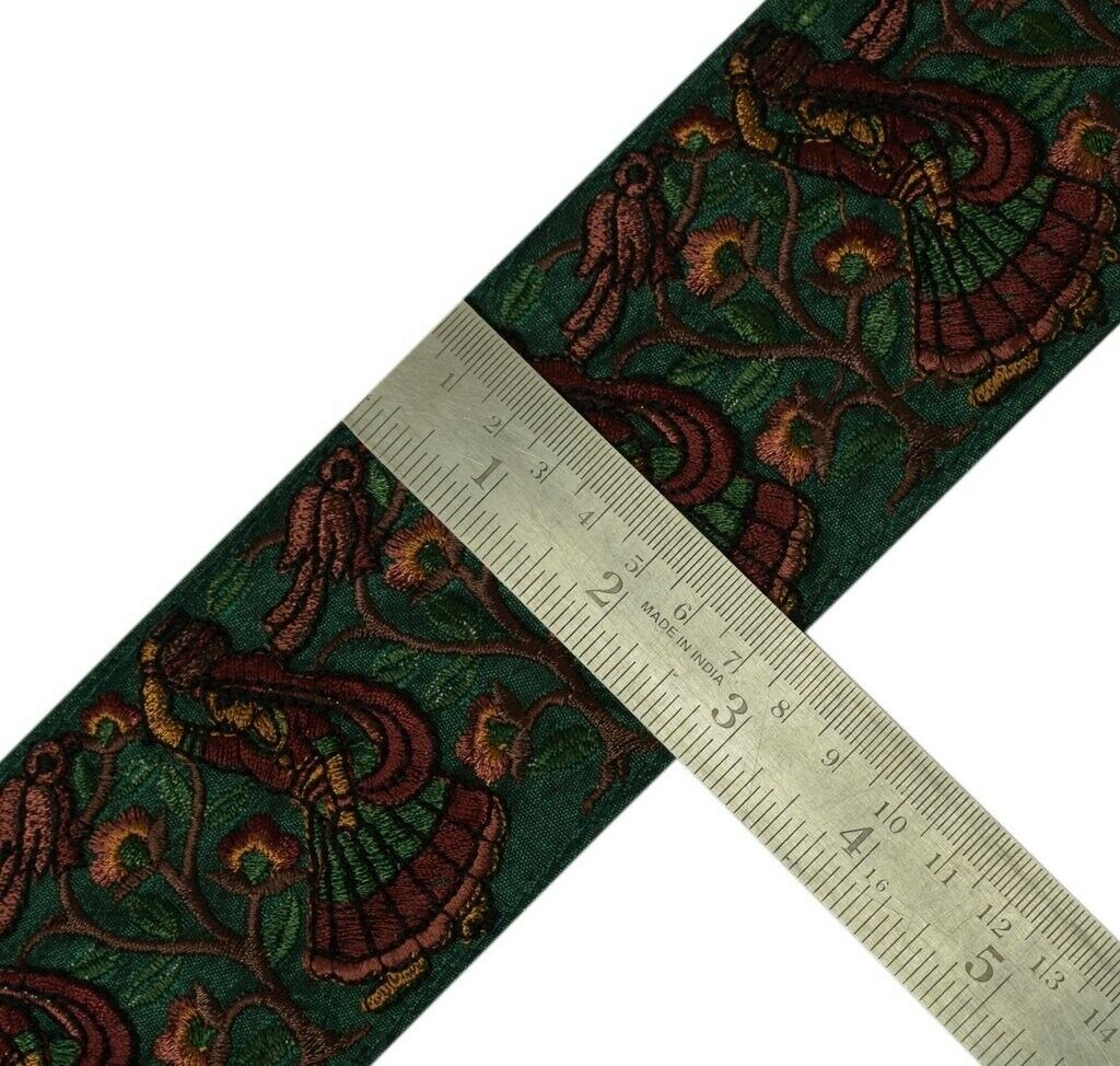 Vintage Sari Border Indian Craft Trim Embroidered Women Tree Bird Lace Green