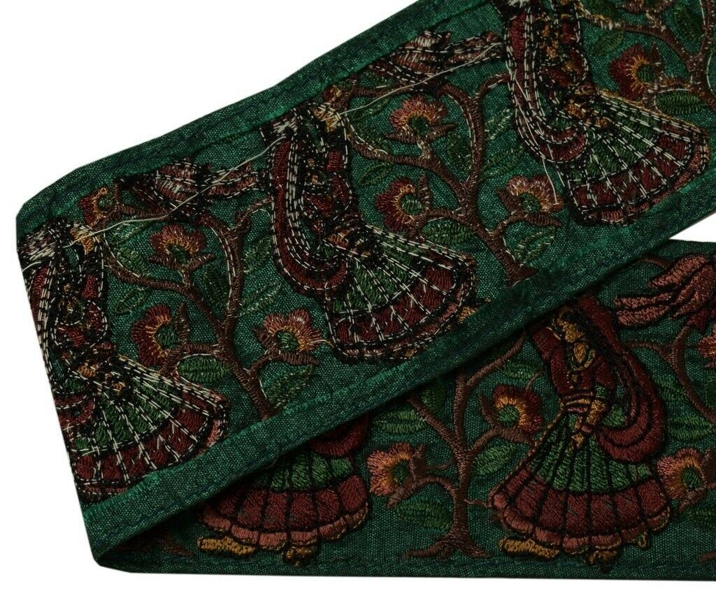 Vintage Sari Border Indian Craft Trim Embroidered Women Tree Bird Lace Green