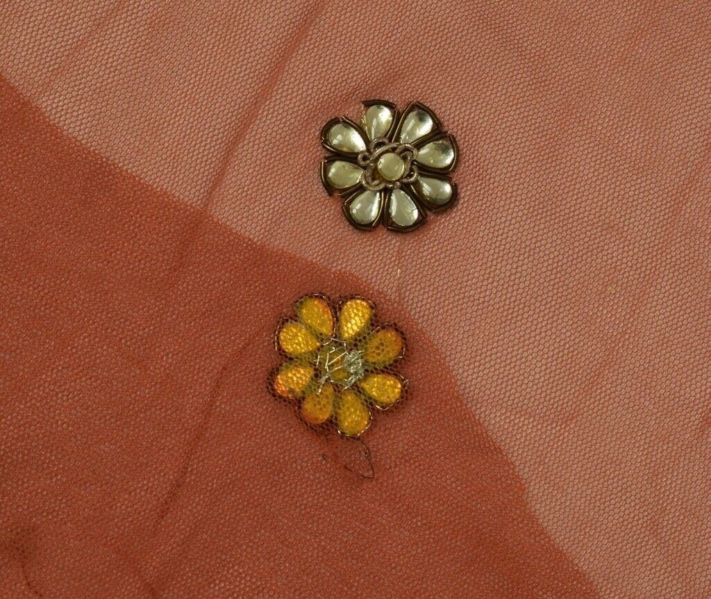 Vintage Sari Remnant Scrap Hand Beaded Kundan NET Fabric for Sewing Craft Orange