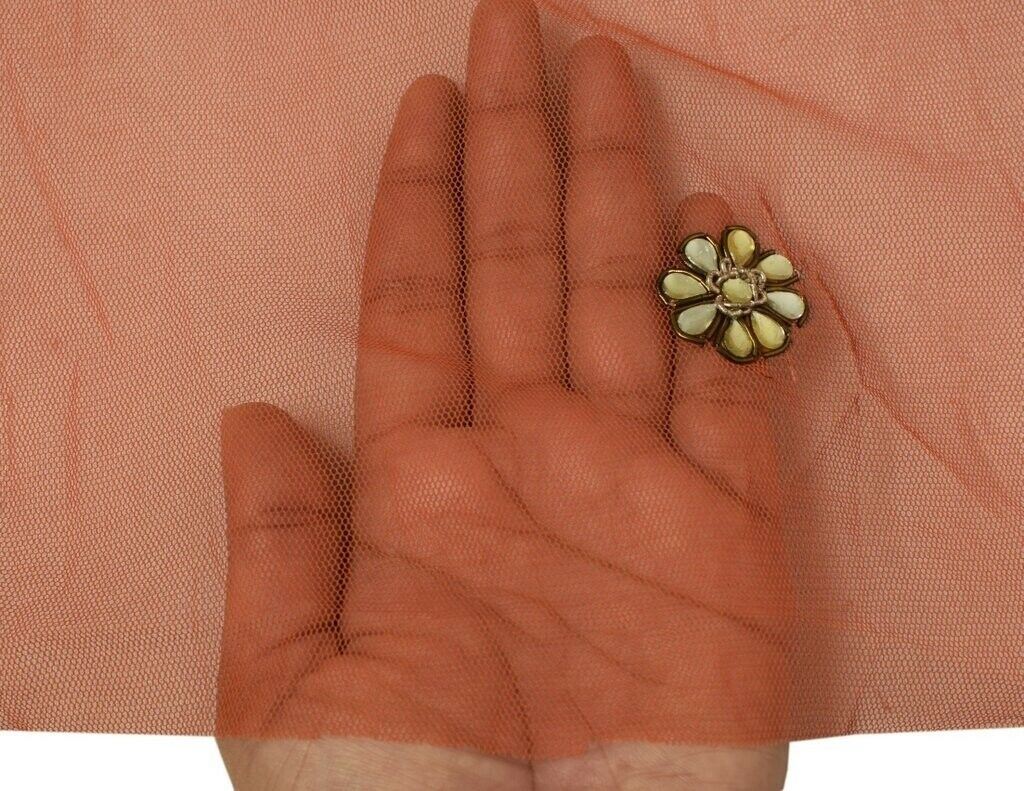 Vintage Sari Remnant Scrap Hand Beaded Kundan NET Fabric for Sewing Craft Orange