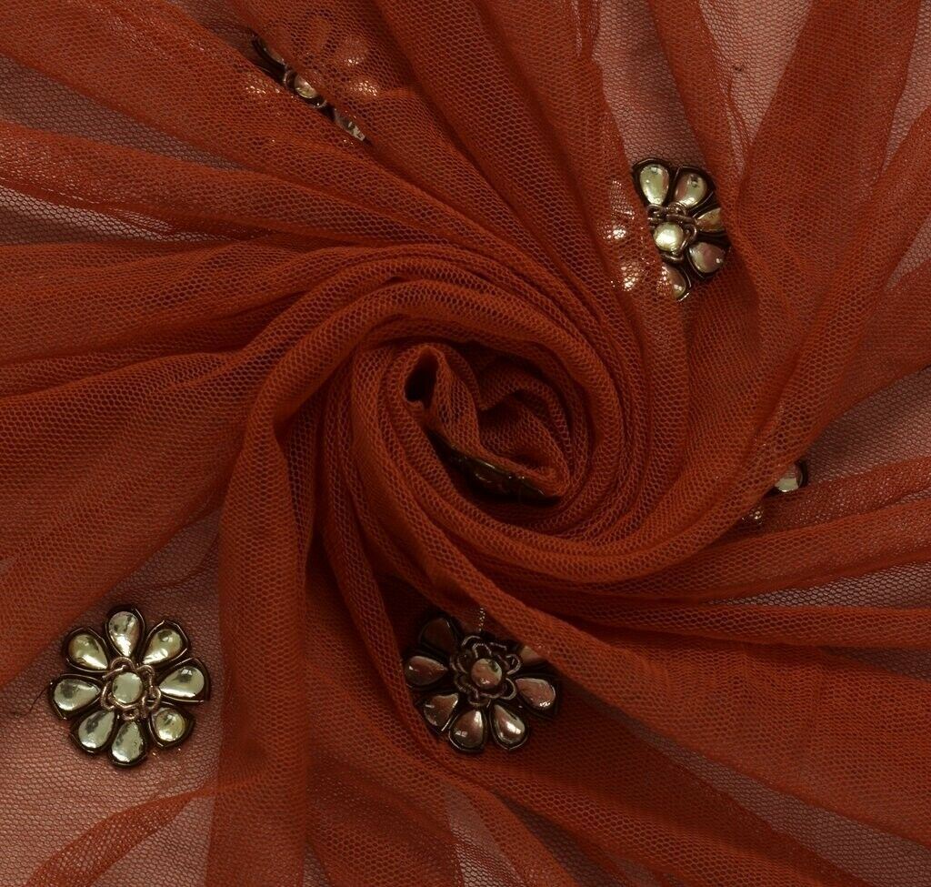 Vintage Sari Remnant Scrap Hand Beaded Kundan NET Fabric for Sewing Craft Orange