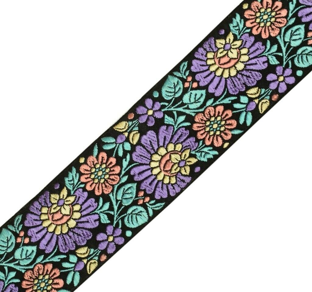 1 Yard Sari Border Indian Craft Trim Sewing Floral Ribbon Lace Edging Tape Black