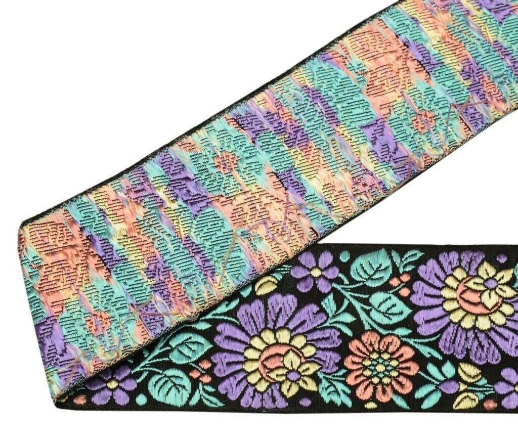 1 Yard Sari Border Indian Craft Trim Sewing Floral Ribbon Lace Edging Tape Black
