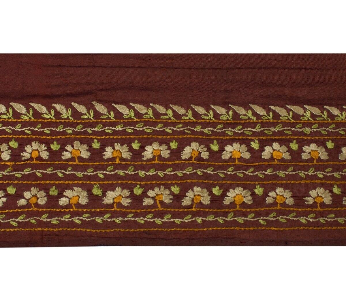 Vintage Sari Border Indian Craft Sewing Trim Hand Embroidered Maroon Ribbon Lace