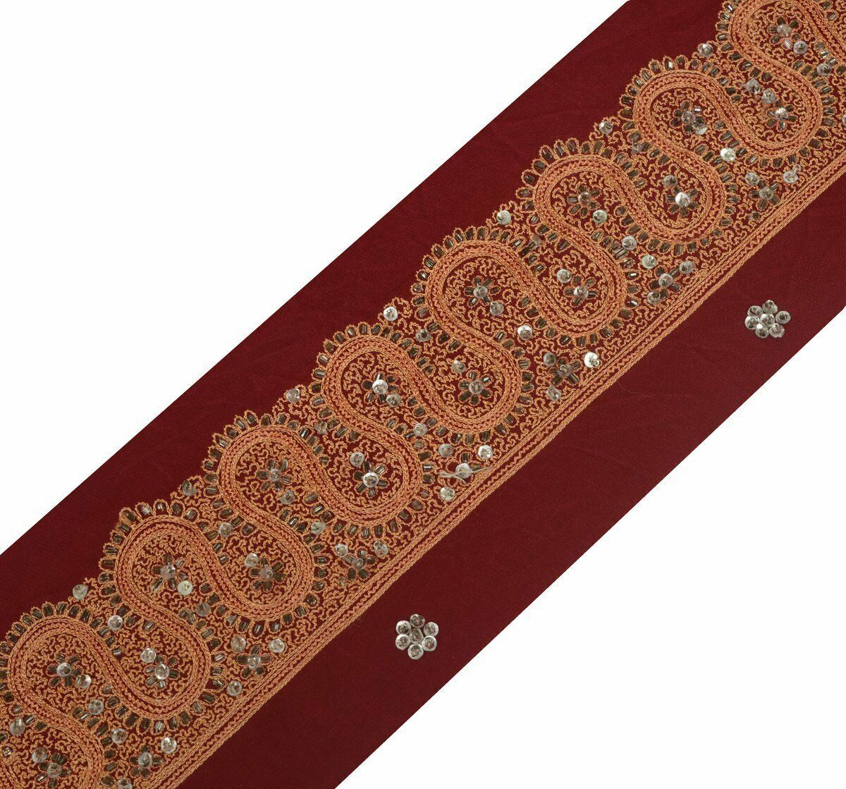 Vintage Saree Border Craft Trim Antique Lace Hand Beaded Embroidered Maroon
