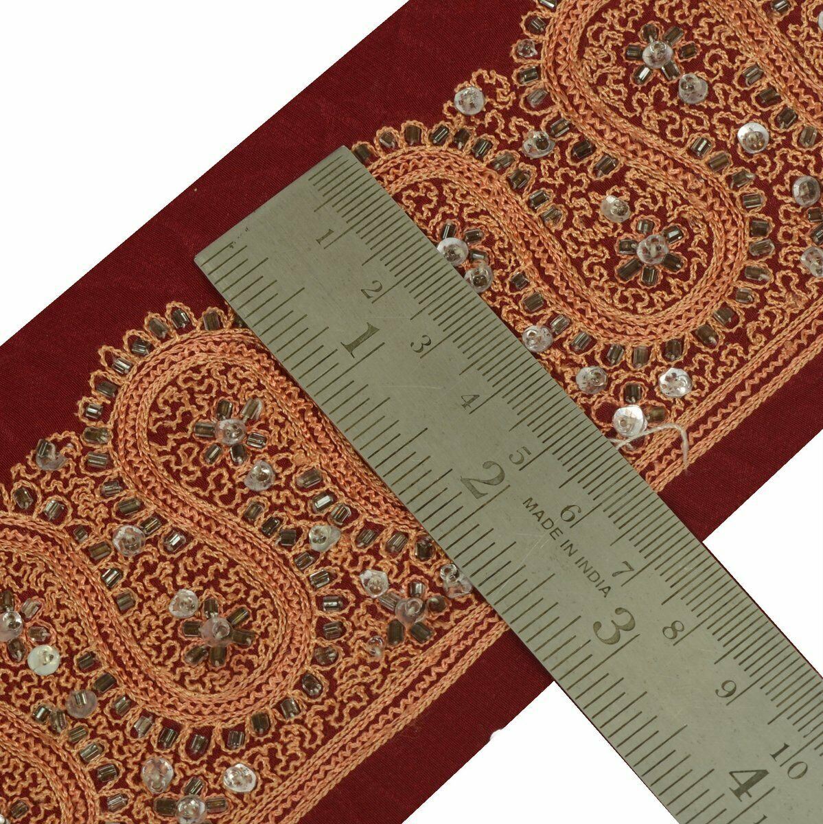 Vintage Saree Border Craft Trim Antique Lace Hand Beaded Embroidered Maroon