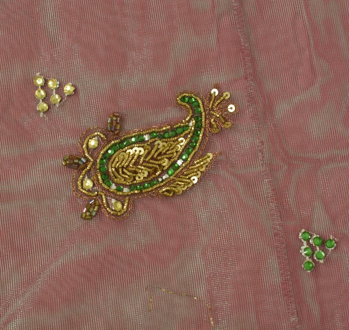 Beaded Maroon Green Vintage Sari Remnant Scrap Net Mesh Fabric for Sewing Craft