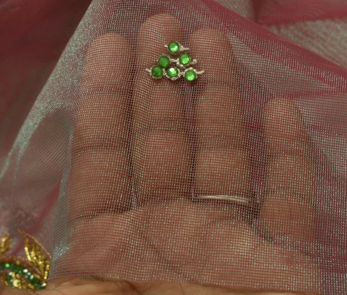 Beaded Maroon Green Vintage Sari Remnant Scrap Net Mesh Fabric for Sewing Craft