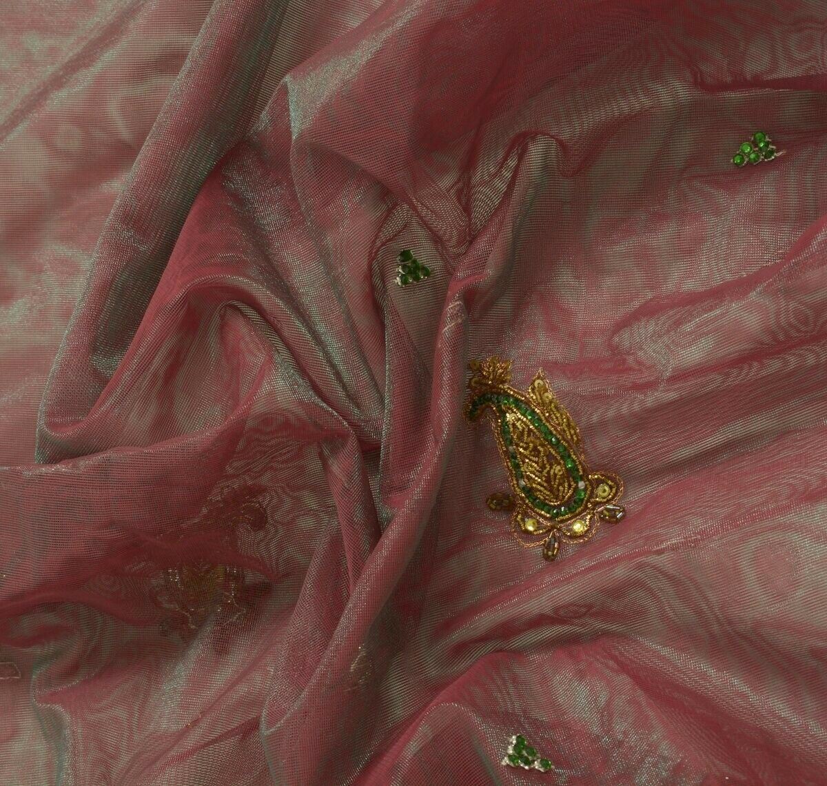 Beaded Maroon Green Vintage Sari Remnant Scrap Net Mesh Fabric for Sewing Craft