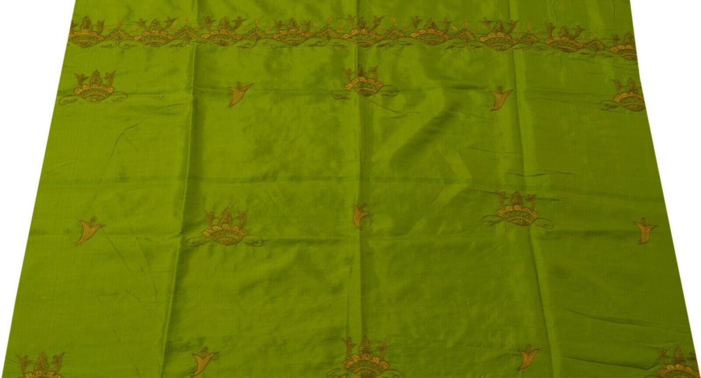 Vintage Saree Remnant Scrap Multi Purpose Craft Thread Embroidered Green Fabric