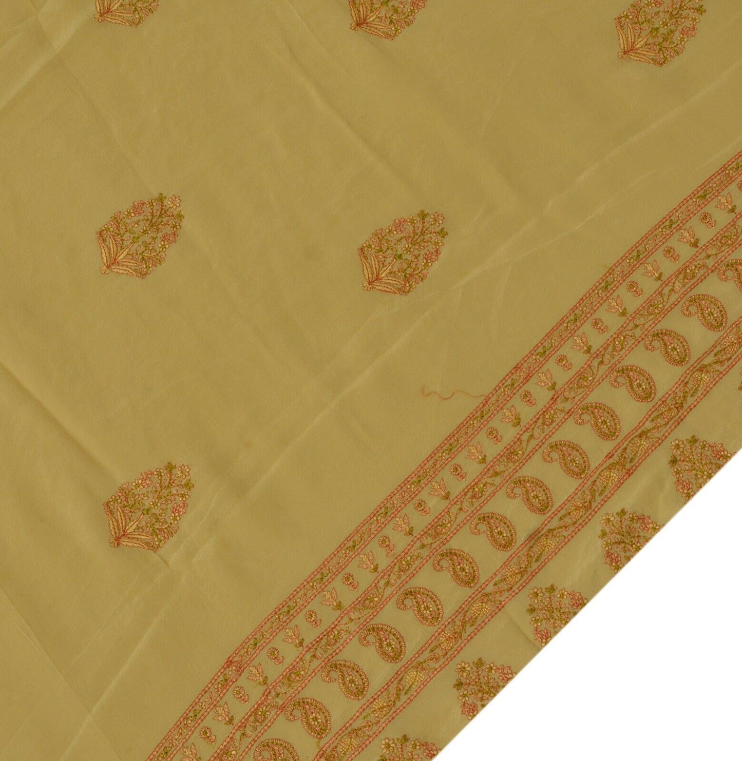 Vintage Saree Remnant Scrap Multi Purpose Craft Thread Embroidered Beige Fabric