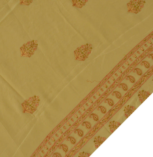 Vintage Saree Remnant Scrap Multi Purpose Craft Thread Embroidered Beige Fabric