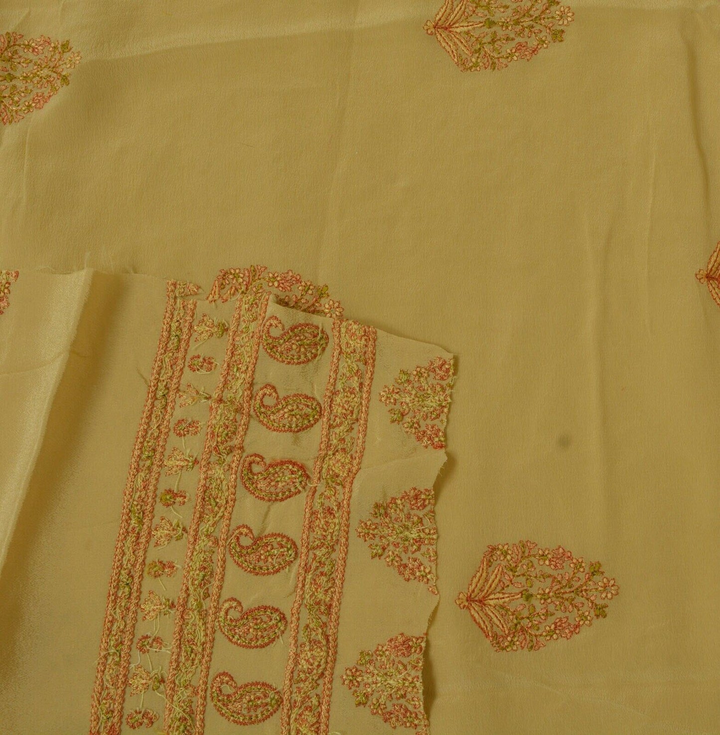 Vintage Saree Remnant Scrap Multi Purpose Craft Thread Embroidered Beige Fabric