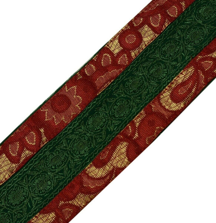 Vintage Saree Border Indian Craft Trim Floral Embroidered Green Ribbon Lace