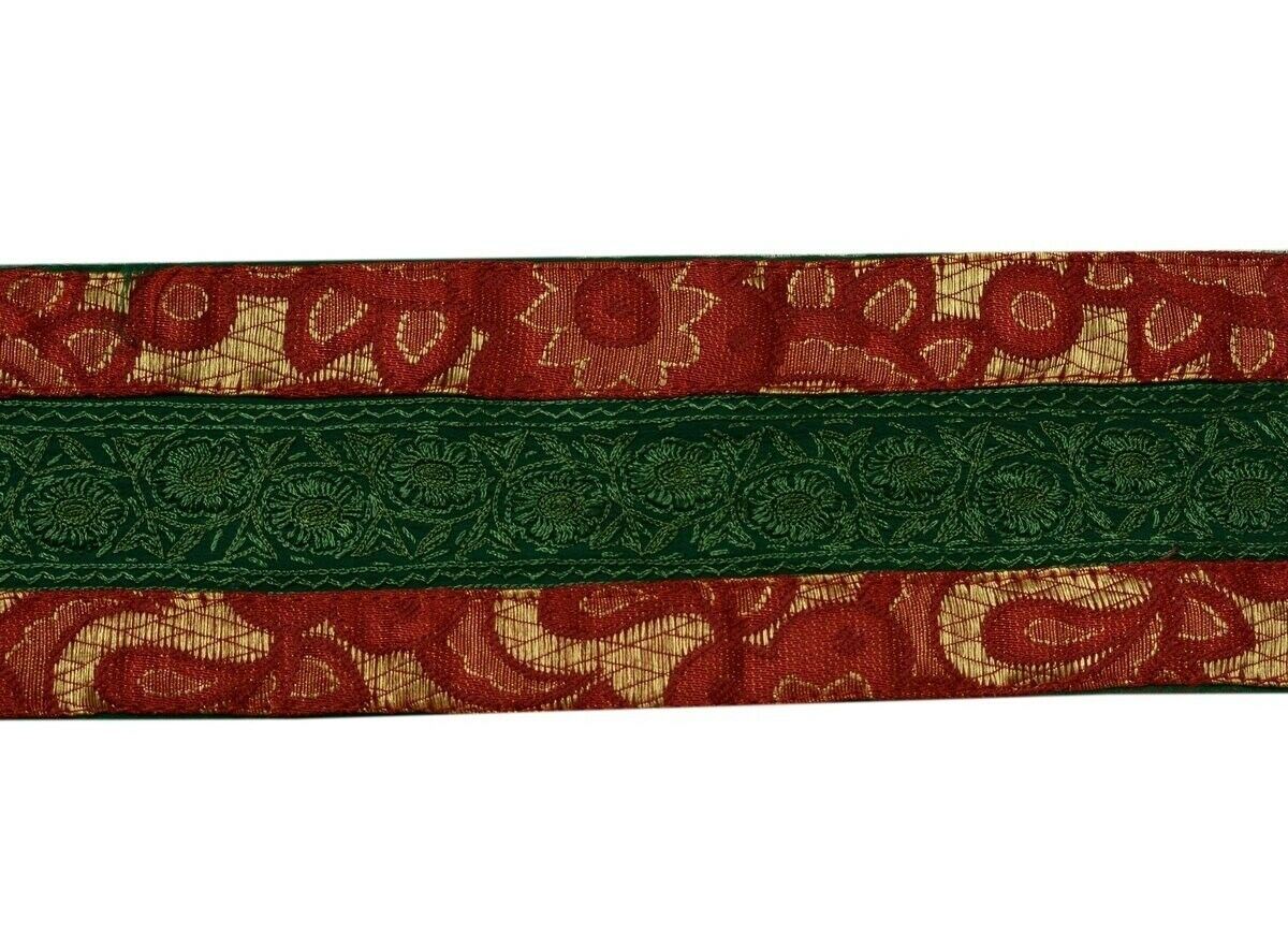 Vintage Saree Border Indian Craft Trim Floral Embroidered Green Ribbon Lace