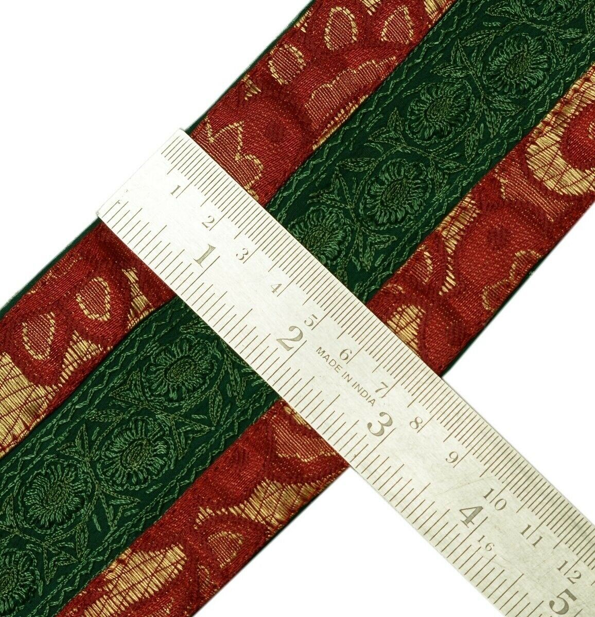 Vintage Saree Border Indian Craft Trim Floral Embroidered Green Ribbon Lace