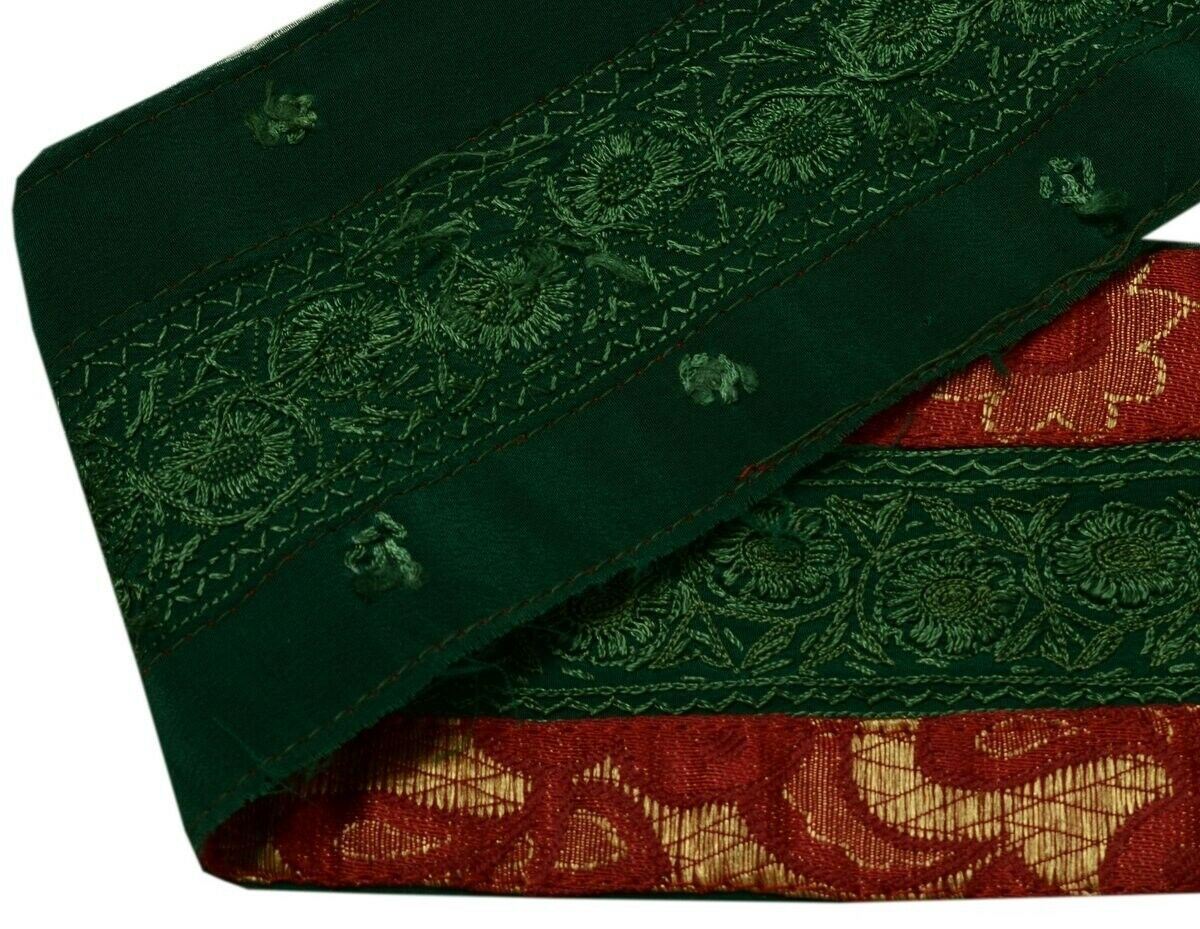 Vintage Saree Border Indian Craft Trim Floral Embroidered Green Ribbon Lace