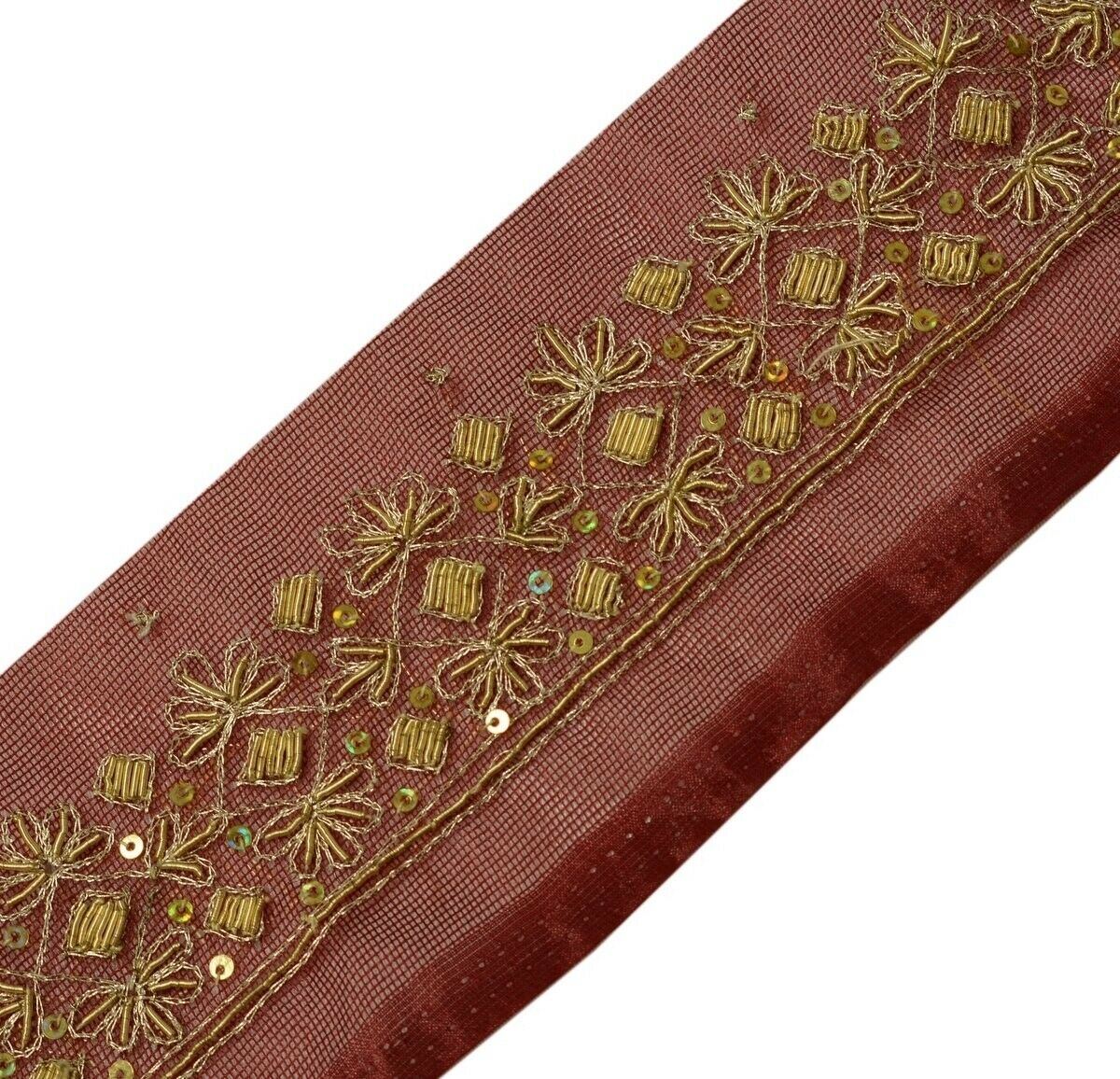 Vtg Saree Border Indian Craft Trim Hand Beaded Zardozi Embroidered Lace Maroon