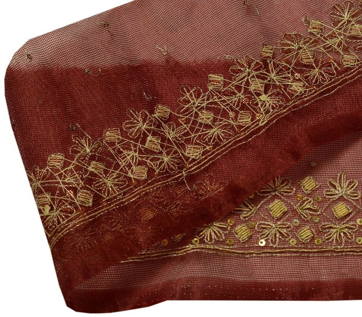 Vtg Saree Border Indian Craft Trim Hand Beaded Zardozi Embroidered Lace Maroon