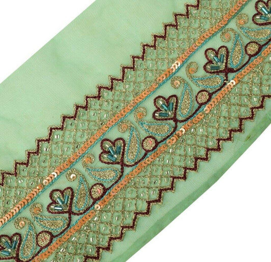 Vintage Saree Sewing Trim Indian Craft Border Beaded Embroidered Green Lace