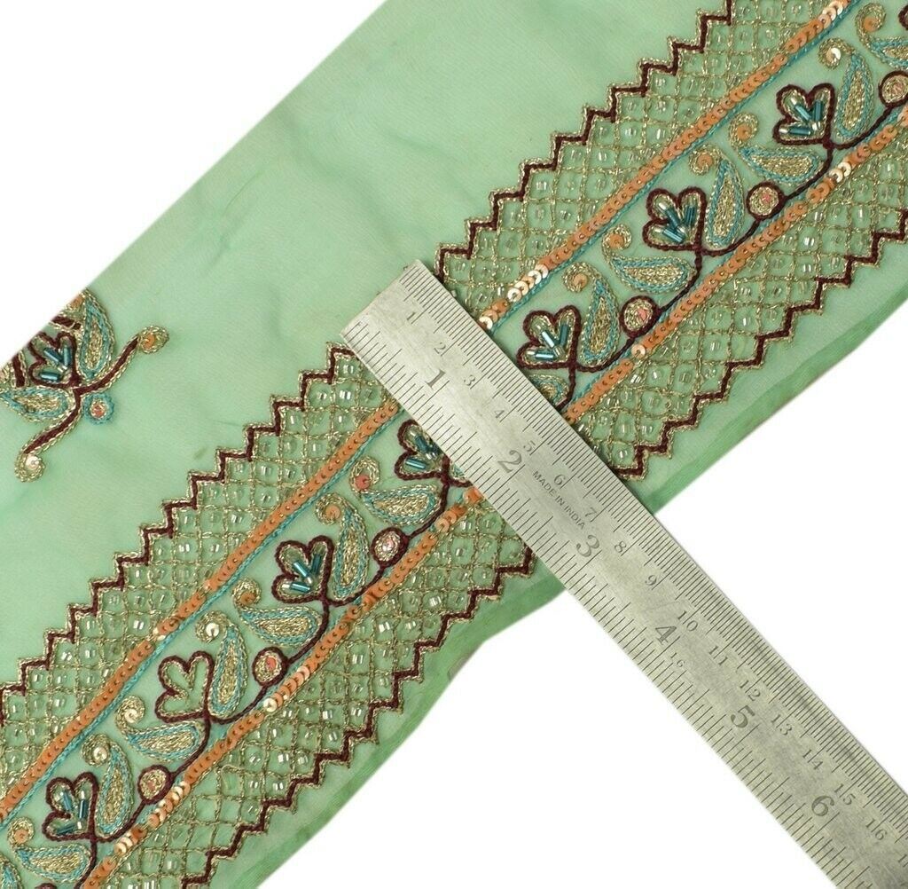 Vintage Saree Sewing Trim Indian Craft Border Beaded Embroidered Green Lace