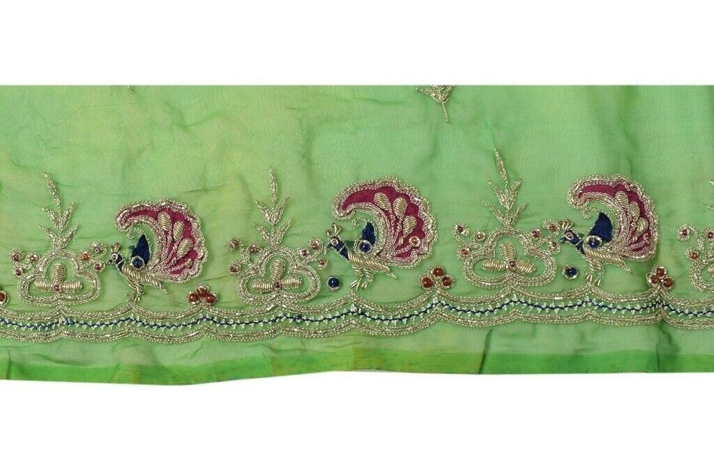 Vtg Saree Sewing Trim Indian Craft Border Hand Beaded Embroidered Peacock Lace