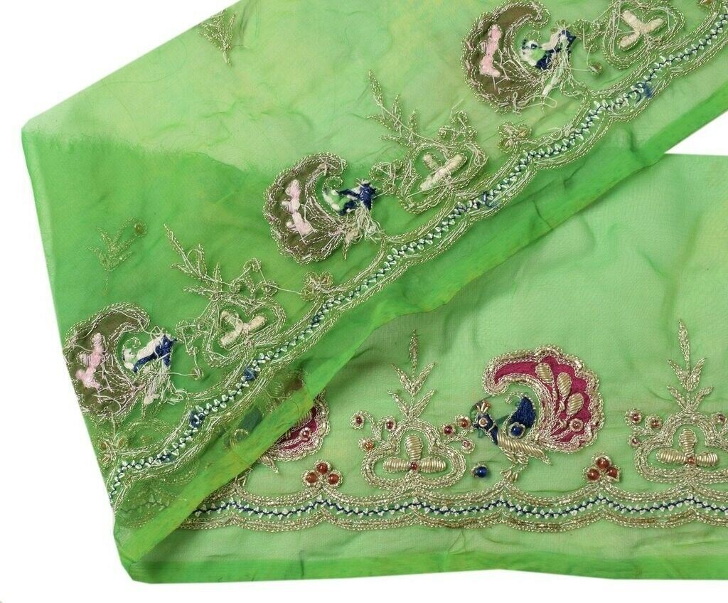 Vtg Saree Sewing Trim Indian Craft Border Hand Beaded Embroidered Peacock Lace
