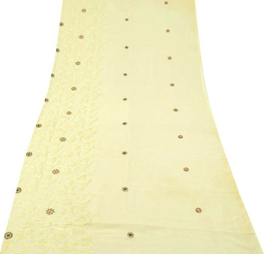 Blend Georgette Silk Vintage Sari Remnant Scrap Fabric for Sewing Craft Cream