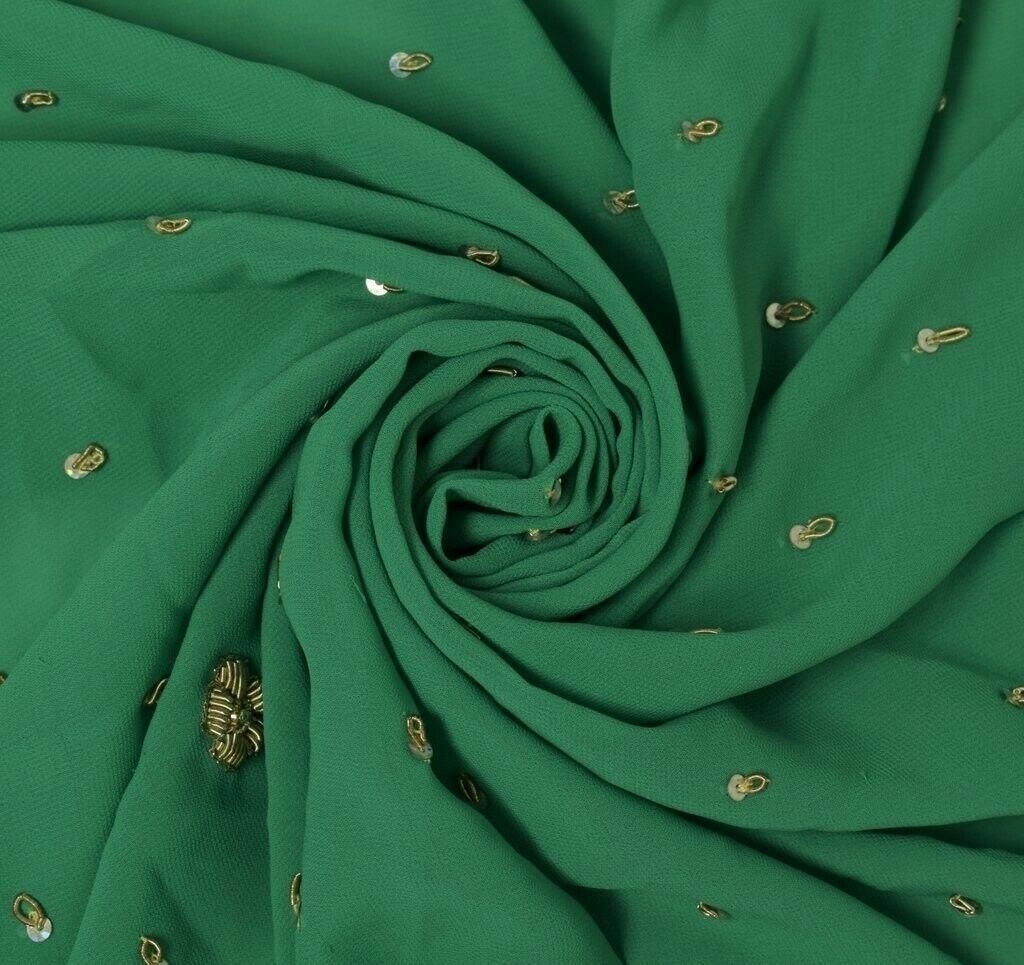 Blend Georgette Silk Vintage Sari Remnant Scrap Fabric for Sewing Craft Green