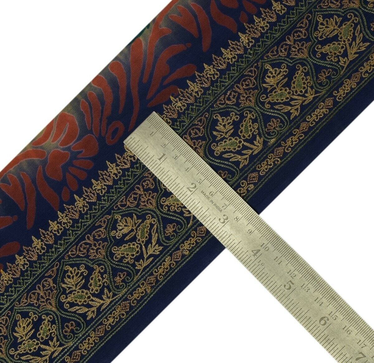3" W Vintage Sari Border Indian Craft Trim Embroidered Blue Sewing Ribbon Lace