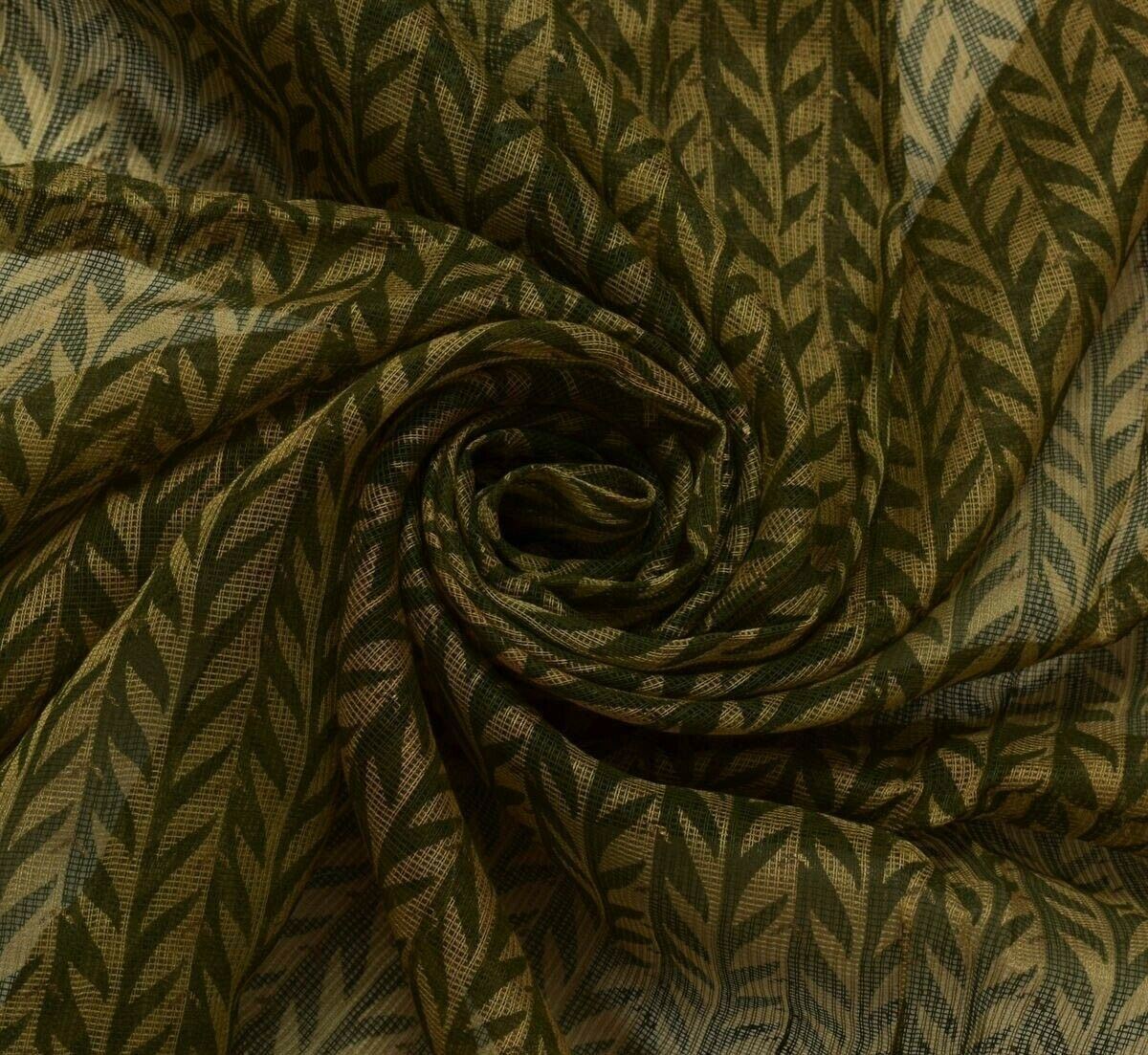Vintage Sari Remnant Printed Scrap Supernet Fabric for Sewing Craft Green