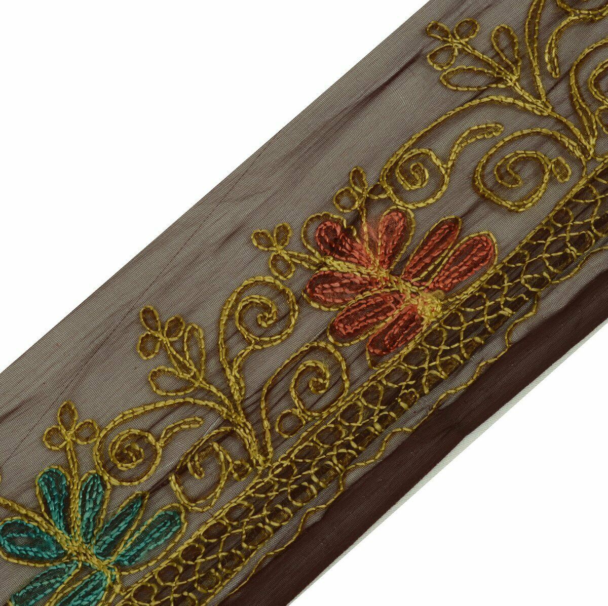 Vintage Saree Border Indian Craft Trim Antique Lace Embroidered Deep Brown