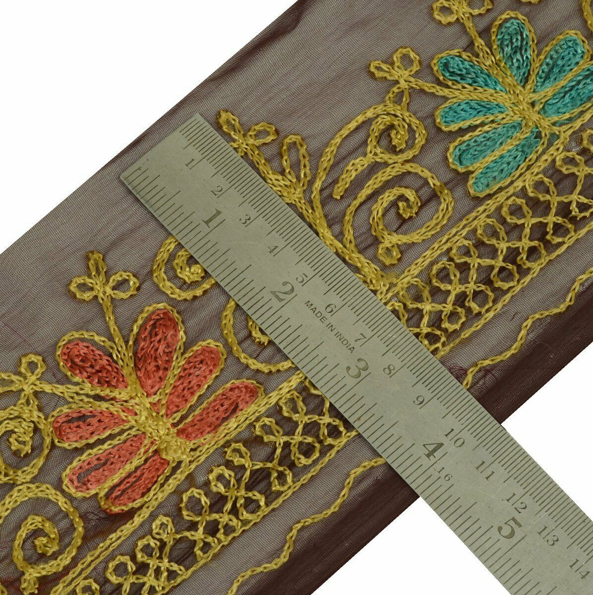 Vintage Saree Border Indian Craft Trim Antique Lace Embroidered Deep Brown
