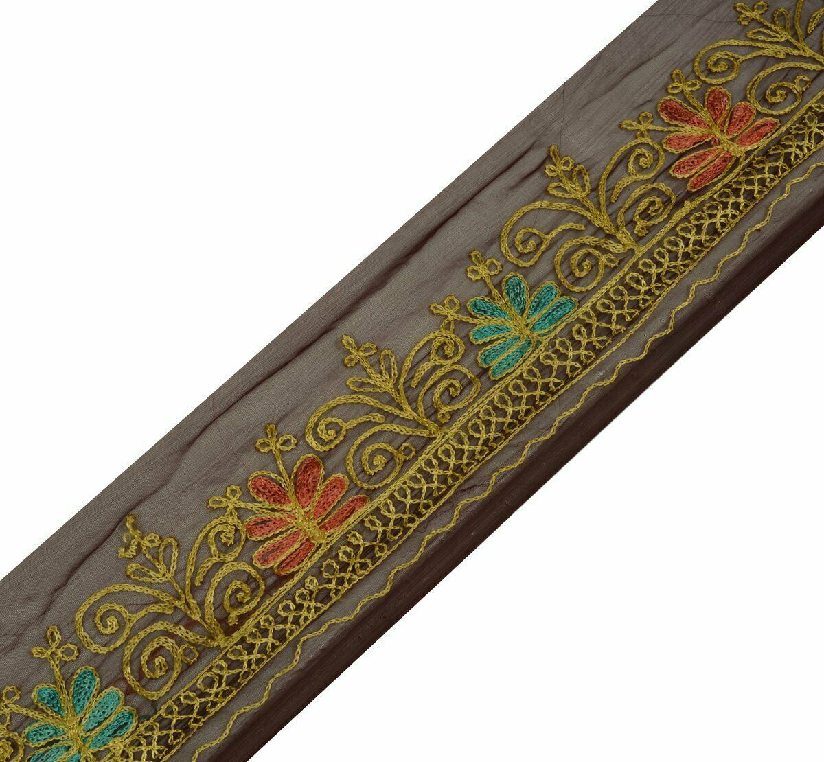 Vintage Saree Border Indian Craft Trim Antique Lace Embroidered Deep Brown