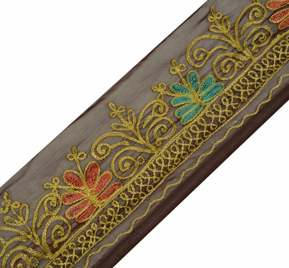 Vintage Saree Border Indian Craft Trim Antique Lace Embroidered Deep Brown