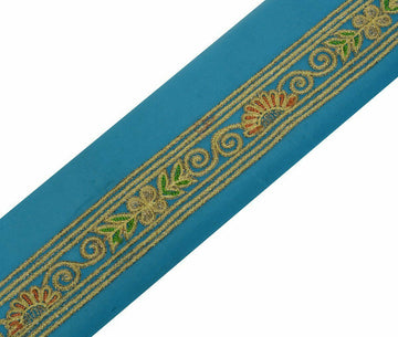 Vintage Saree Border Craft Trim Antique Lace Embroidered Turquoise Blue Ribbon