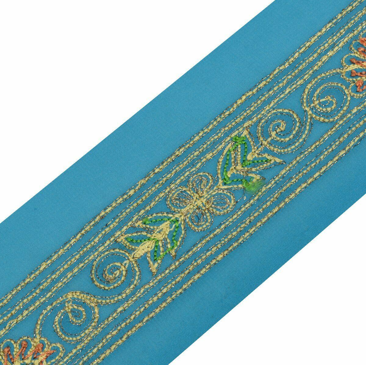 Vintage Saree Border Craft Trim Antique Lace Embroidered Turquoise Blue Ribbon