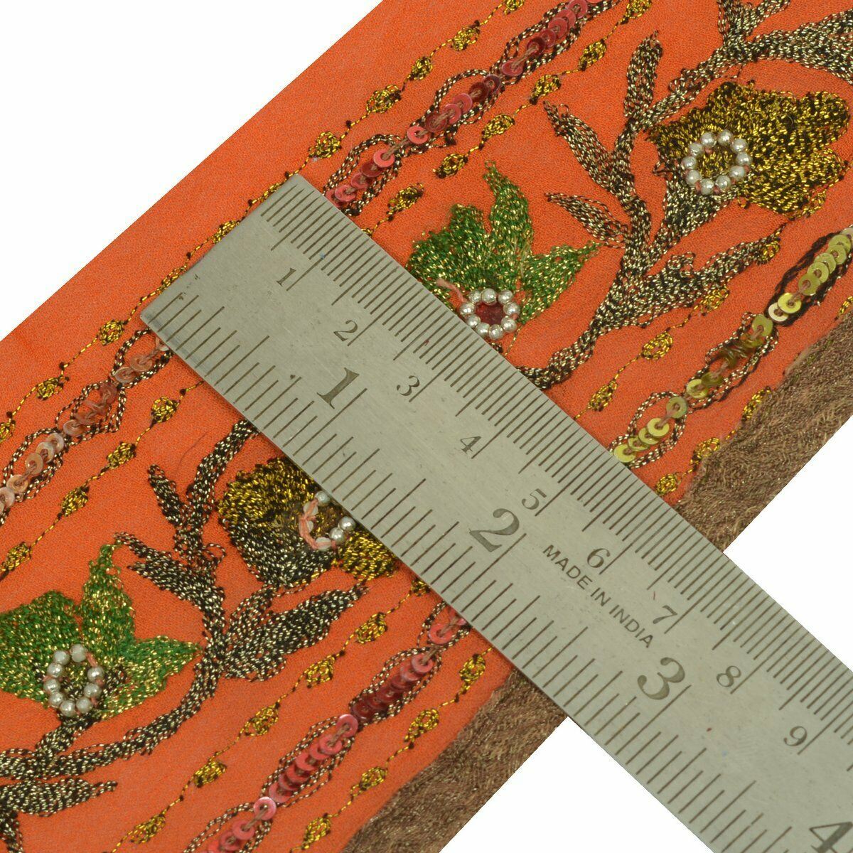 Vintage Saree Border Indian Craft Trim Antique Lace Embroidered Beaded Orange