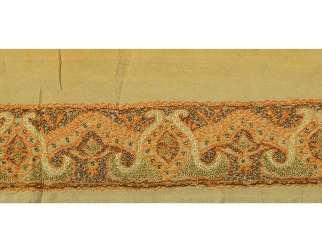 Vintage Sari Border Indian Craft Trim Hand Beaded Embroidered Ribbon Lace Cream